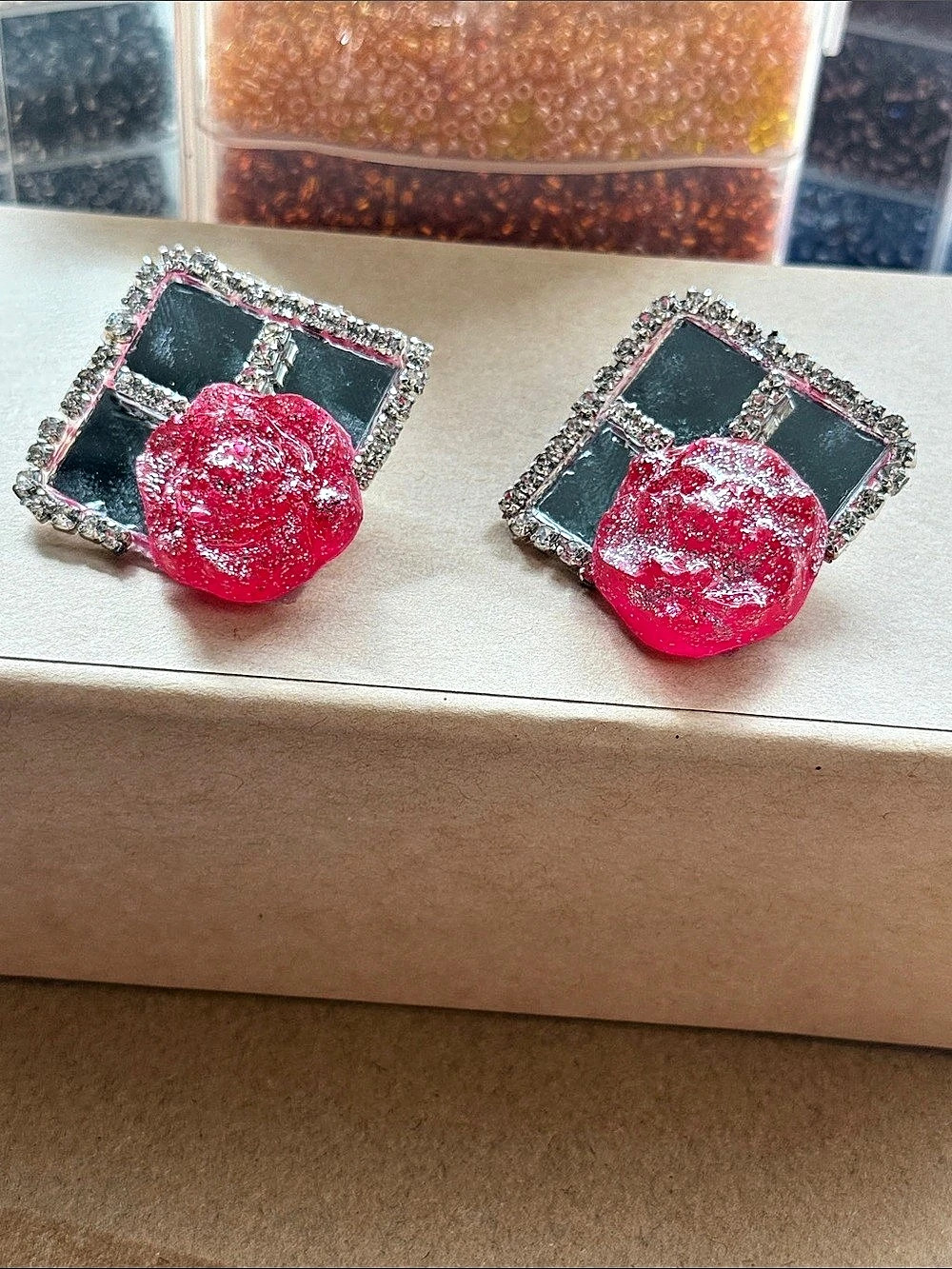Handmade Pink rose and silver rhinestones mirror Mosaic Statement Earrings
